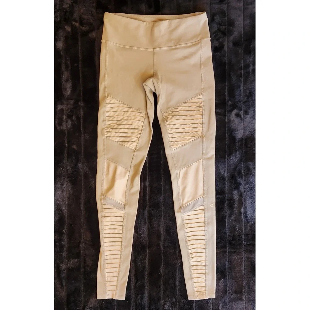 Alo Yoga Leggings Womens XS Beige High Waist Mesh Ankle Yoga Gym Pants Stretch